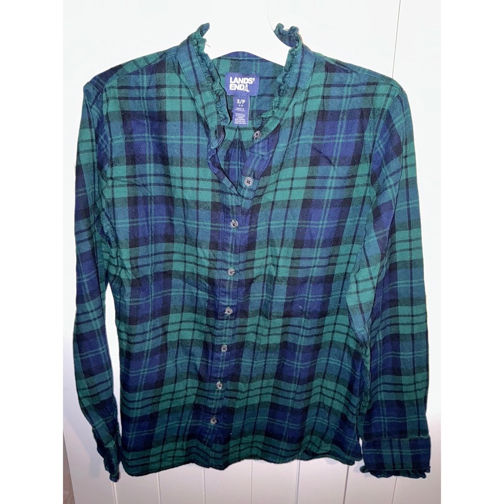 Lands End Womens Green Navy Plaid Flannel Ruffle Collar Button Down Shirt Small